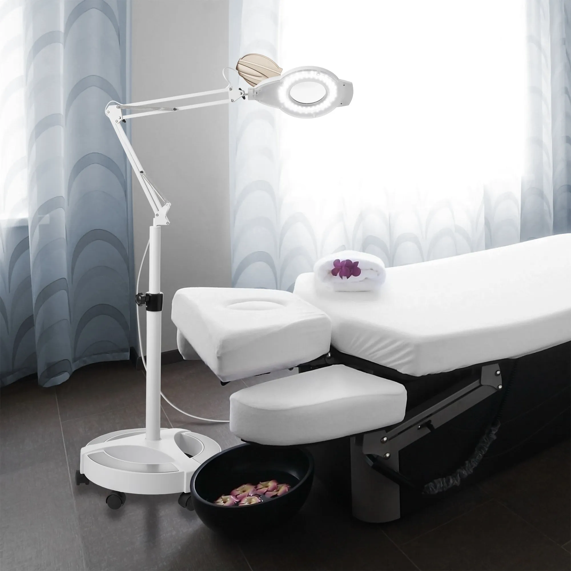 Adjustable Rolling Base 3X Magnifying LED Floor Lamp, Dimmable Lights