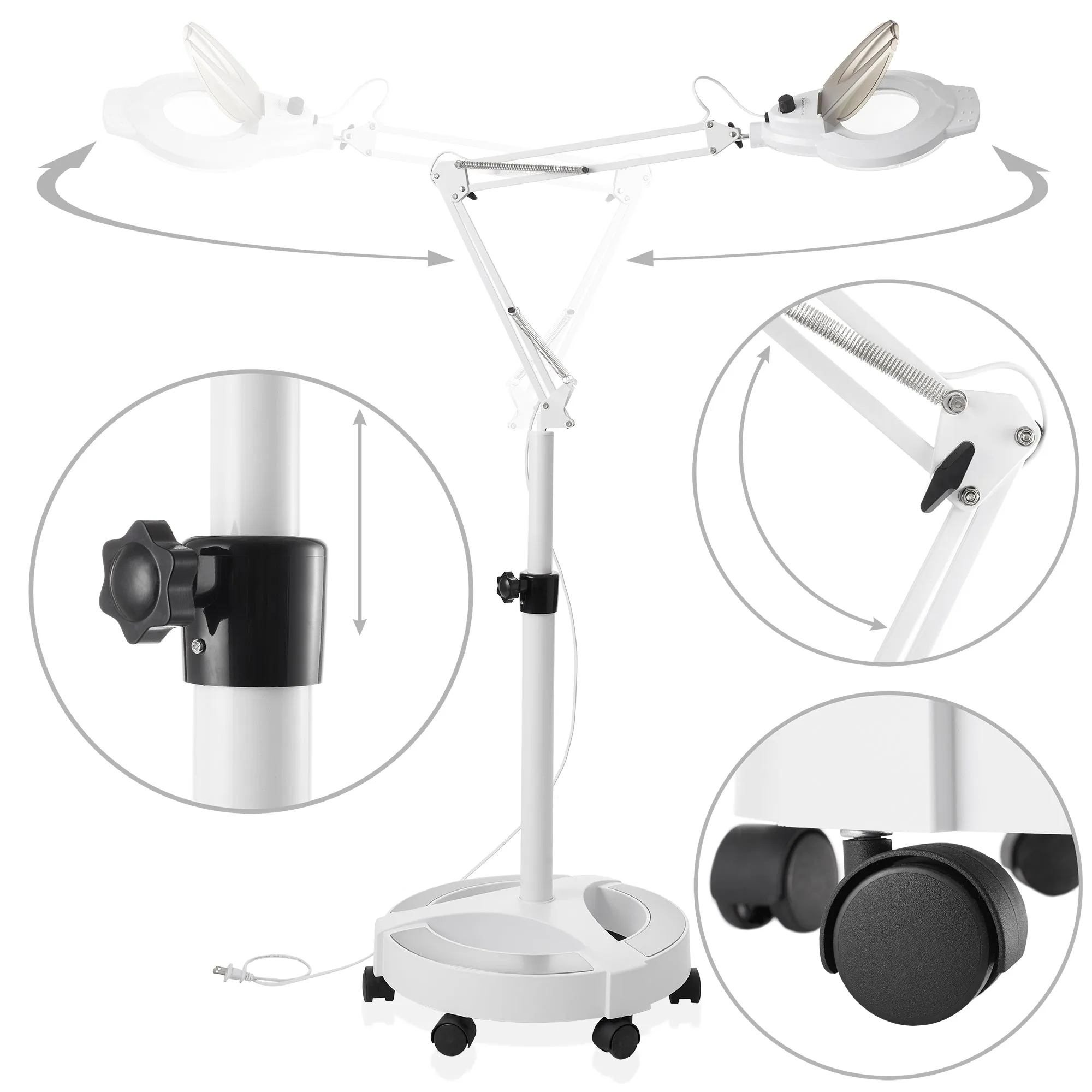 Adjustable Rolling Base 3X Magnifying LED Floor Lamp, Dimmable Lights