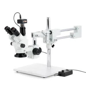 AmScope SM-4 Series Simul-Focal Lockable Zoom Trinocular Stereo Microscope 3.5X-45X Magnification with 144 LED Ring Light and 10MP USB 2.0 C-mount Camera on Double Arm Boom Stand