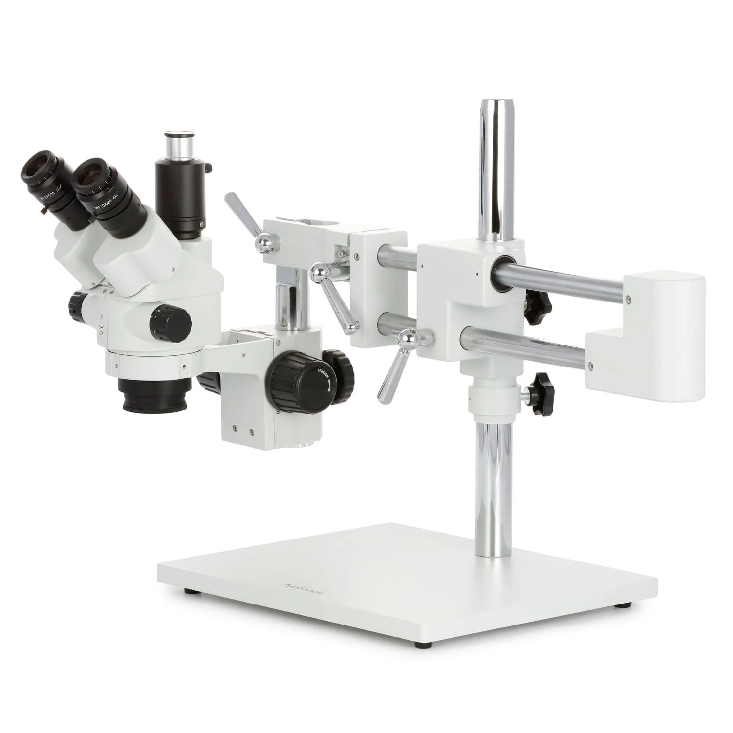 AmScope SM-4 Series Simul-Focal Lockable Zoom Trinocular Stereo Microscope 3.5X-45X Magnification with 144 LED Ring Light and 5MP USB 2.0 C-mount Camera on Double Arm Boom Stand