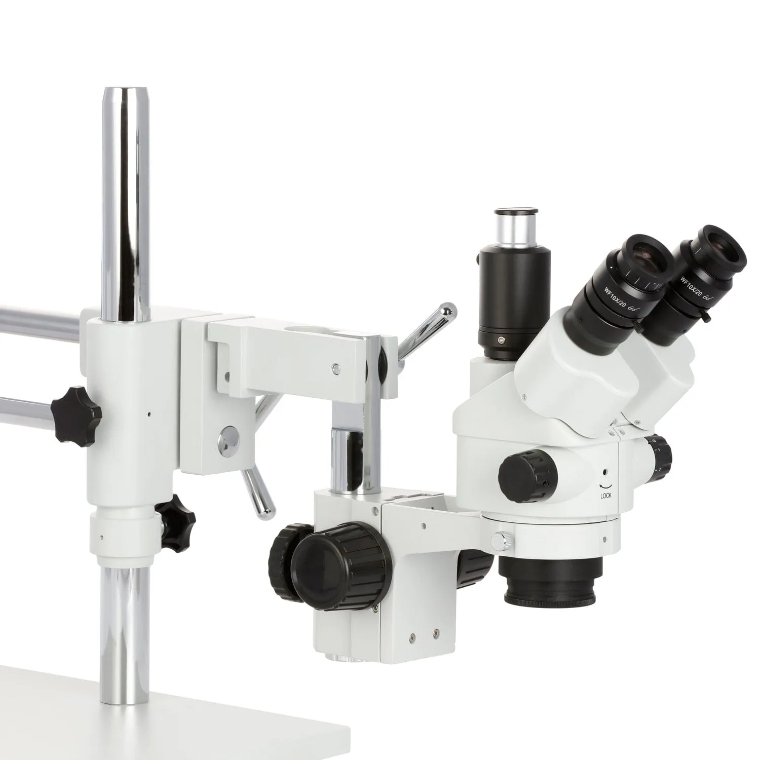 AmScope SM-4 Series Simul-Focal Lockable Zoom Trinocular Stereo Microscope 3.5X-45X Magnification with 144 LED Ring Light and 5MP USB 2.0 C-mount Camera on Double Arm Boom Stand