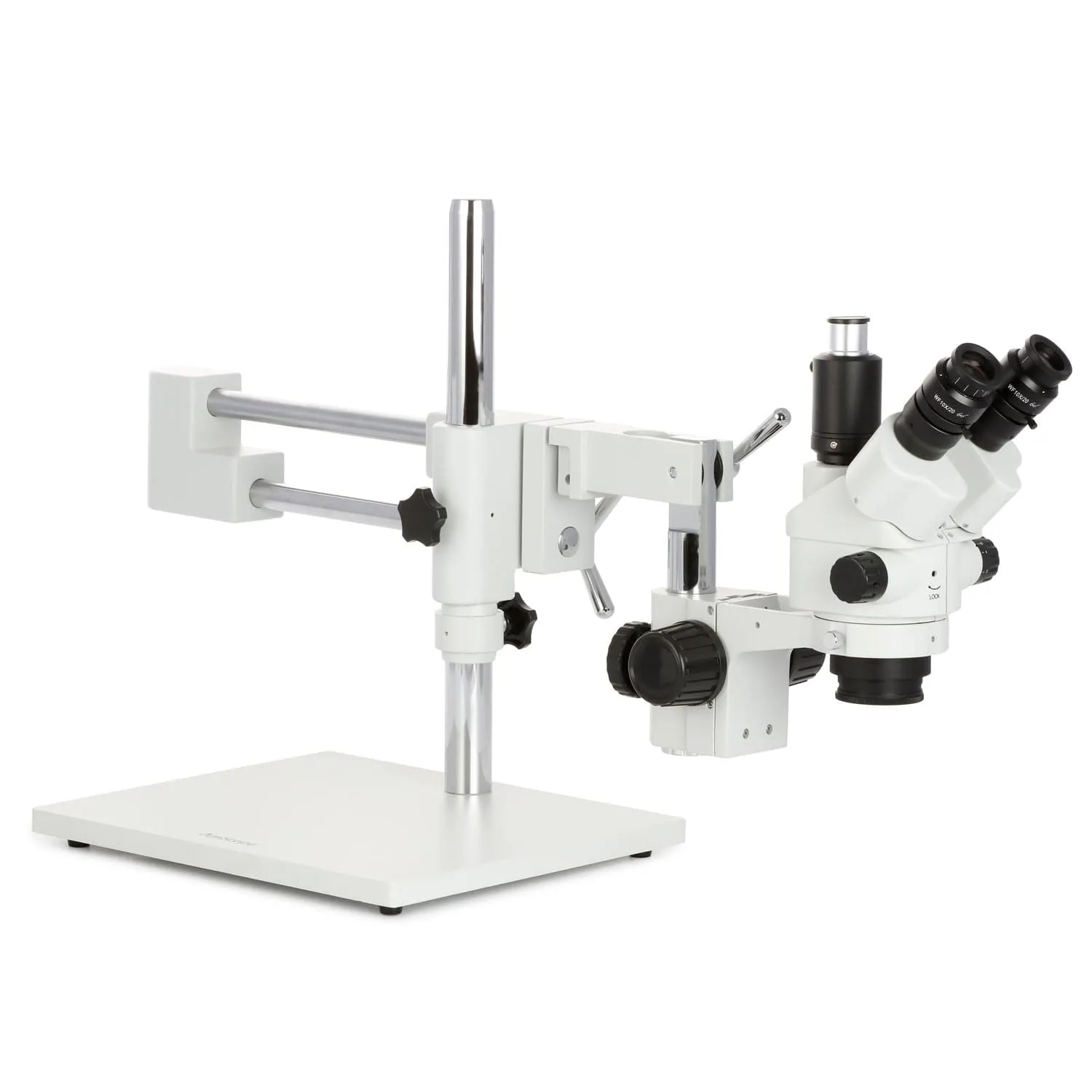 AmScope SM-4 Series Simul-Focal Lockable Zoom Trinocular Stereo Microscope 3.5X-45X Magnification with 144 LED Ring Light and 5MP USB 2.0 C-mount Camera on Double Arm Boom Stand