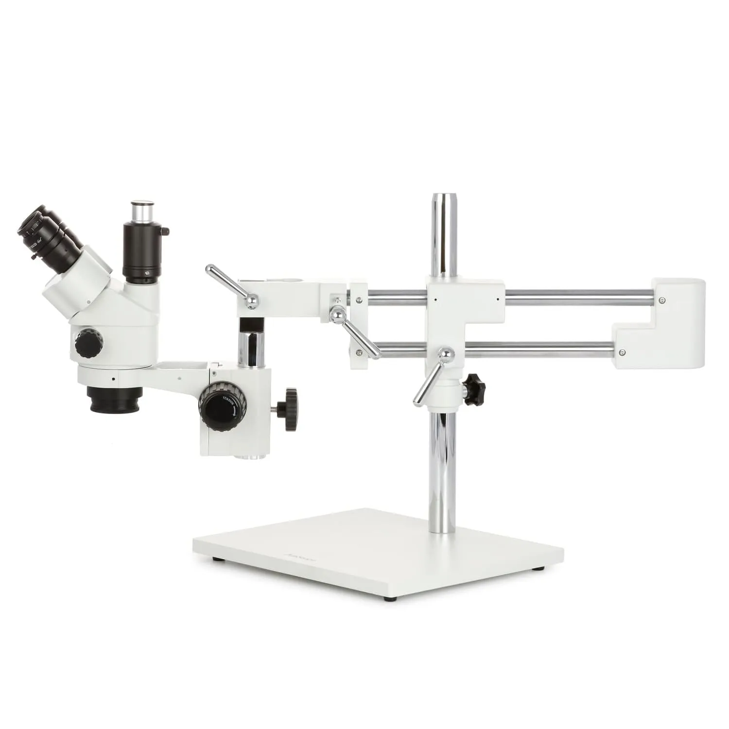 AmScope SM-4 Series Simul-Focal Lockable Zoom Trinocular Stereo Microscope 3.5X-45X Magnification with 144 LED Ring Light and 5MP USB 2.0 C-mount Camera on Double Arm Boom Stand