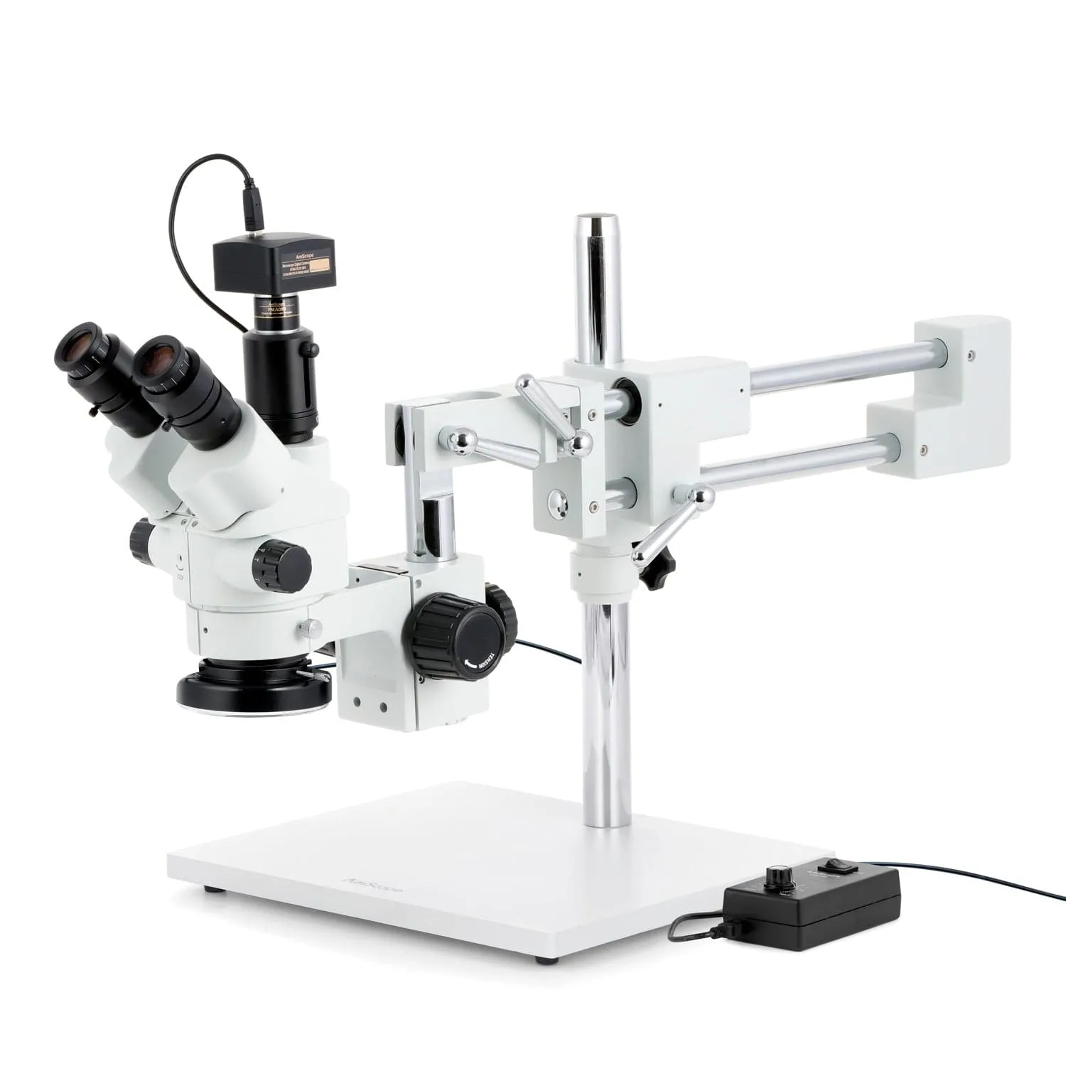 AmScope SM-4 Series Simul-Focal Lockable Zoom Trinocular Stereo Microscope 3.5X-45X Magnification with 144 LED Ring Light and 5MP USB 2.0 C-mount Camera on Double Arm Boom Stand