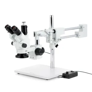 AmScope SM-4 Series Simul-Focal Lockable Zoom Trinocular Stereo Microscope 3.5X-45X Magnification with 144 LED Ring Light on Double Arm Boom Stand